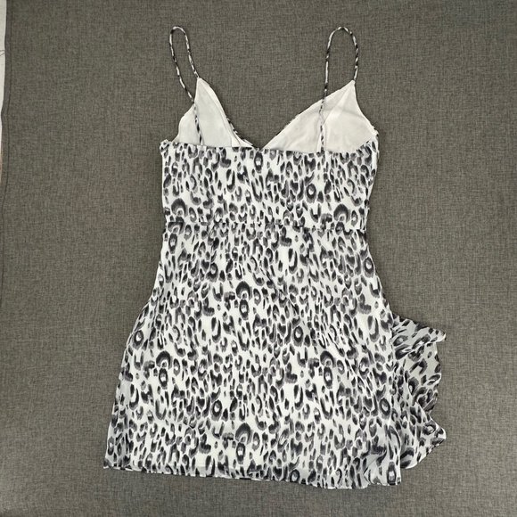 Sundown Mini Dress Lightweight Leopard Print Ruffled Slit V-Neck Spaghetti Strap - Picture 12 of 15